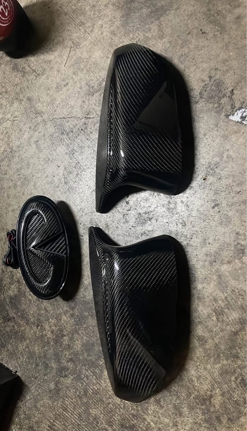 Infiniti Q50 (2014-2017) Carbon Fiber Mirror Caps & RGB LED Front Emblem | Sporty Luxury Upgrade for Night & Day | Fits All V37 Trims | Gloss 2x2 Twill + App-Controlled Color  
